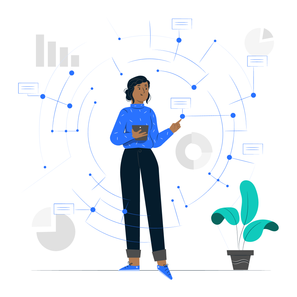 woman holding cup using finger to manipulate AI-generated statistics - illustration