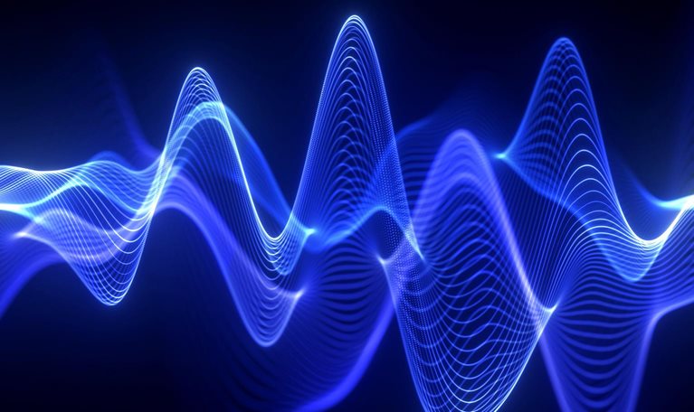 Blue sound waves and purple neon futuristic audio waveform graph. Abstract audio visualizer and sound analyzer interface with equalizer HUD elements. Perfect for music visuals, technology backgrounds