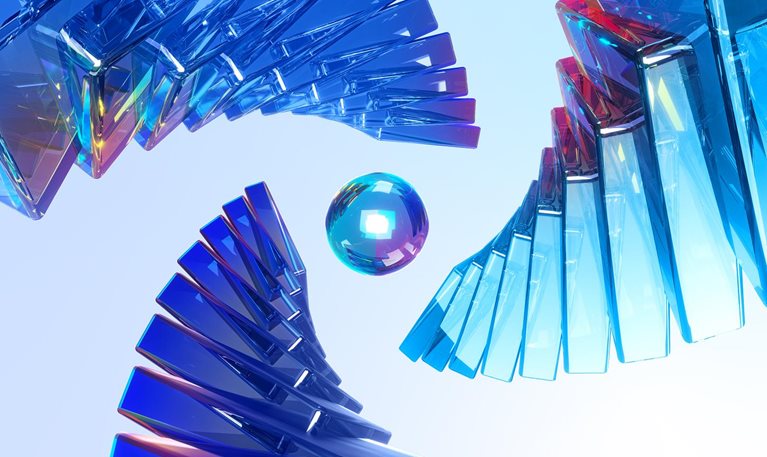 three abstract digital spirals circling together around a sphere