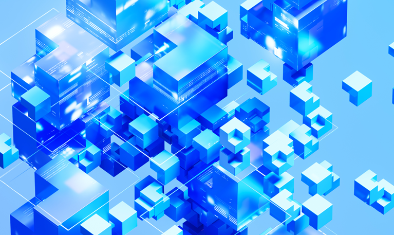 Abstract 3D illustration of interconnected blue and cyan cubes and rectangular blocks floating in a geometric grid, suggesting a digital data, cloud computing, or technology network.