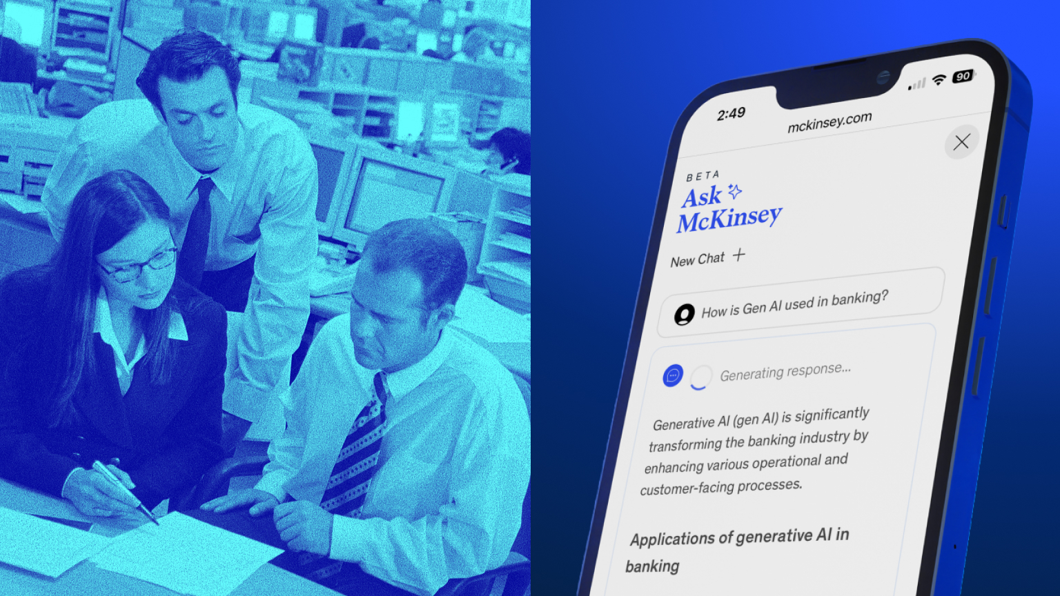 Three colleagues collaborate in an office beside a smartphone displaying the Ask McKinsey generative AI interface.