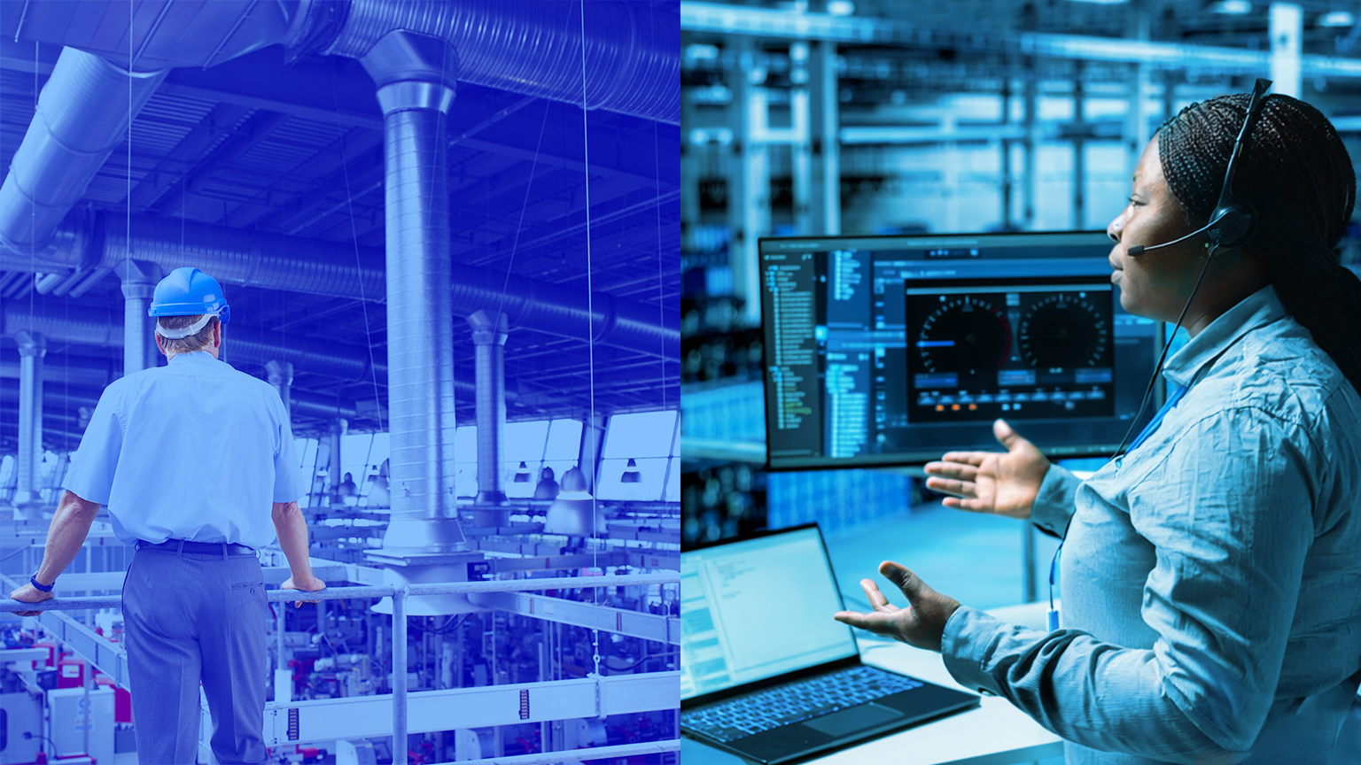 Split image: left shows a factory worker in a hard hat overseeing industrial machinery; right shows a technician using computers and monitoring digital dashboards in a modern facility.