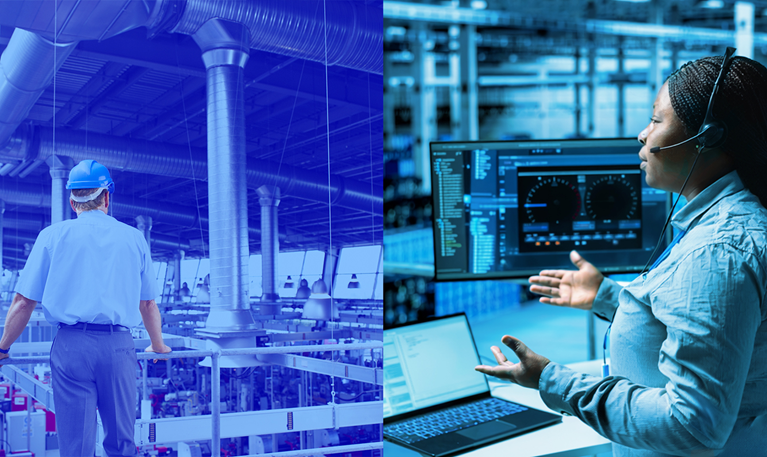 Split image: left shows a factory worker in a hard hat overseeing industrial machinery; right shows a technician using computers and monitoring digital dashboards in a modern facility.