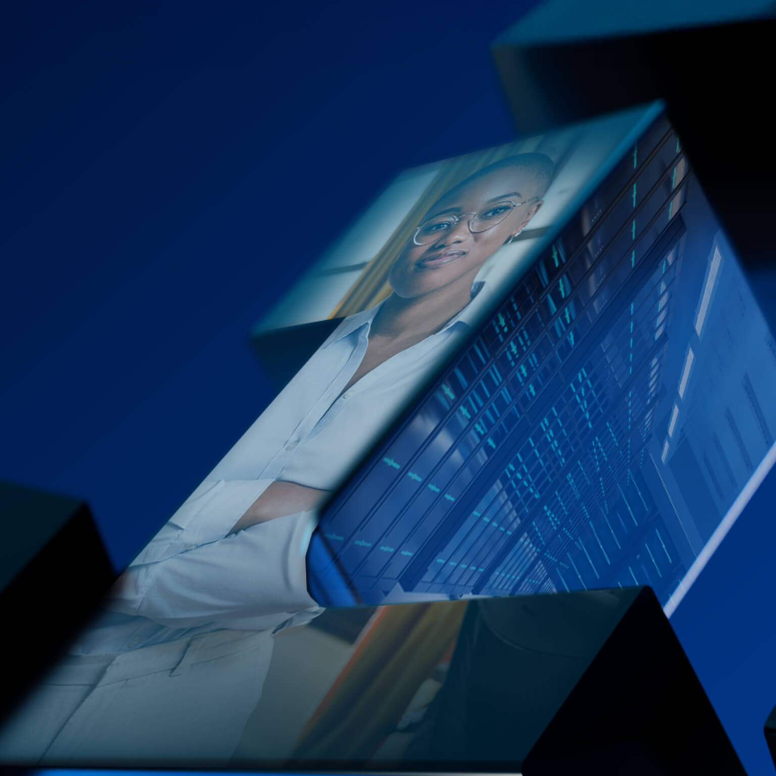 Projected image of young, professional woman, with arms crossed, building the next big thing.