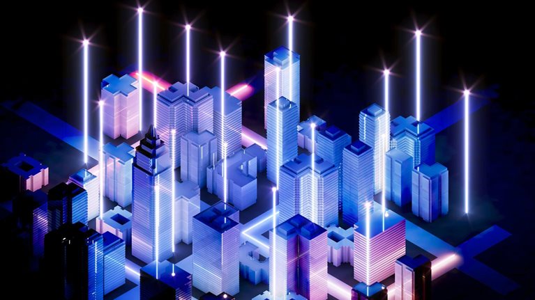 A futuristic, stylized city at night. The buildings glow with blue and pink hues, and beams of light shoot upwards from various structures.