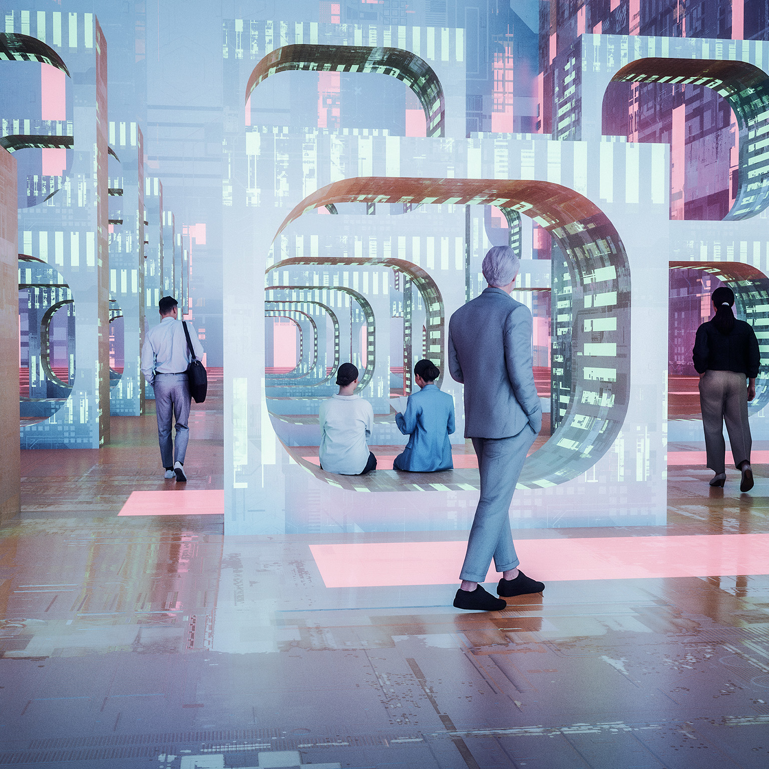 An image of a futuristic environment, with people walking and sitting among large, glowing geometric structures that serve as portals to digital structures.