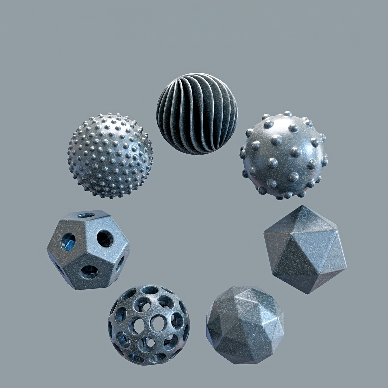 Seven 3D geometric shapes lined up in a circle