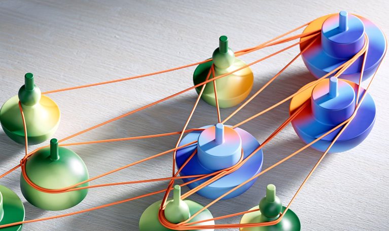 Green and blue forms linked by orange cords create a web of interconnected relationships.