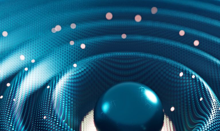 A glossy dark teal sphere resting in the center of rippling, wave-like dotted patterns with small glowing particles floating around it.