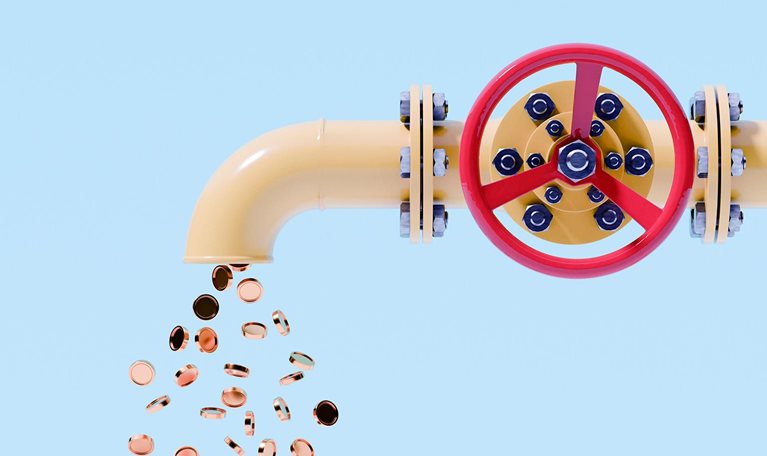 Conceptual image of coins coming out of a pipe with a big valve on it.