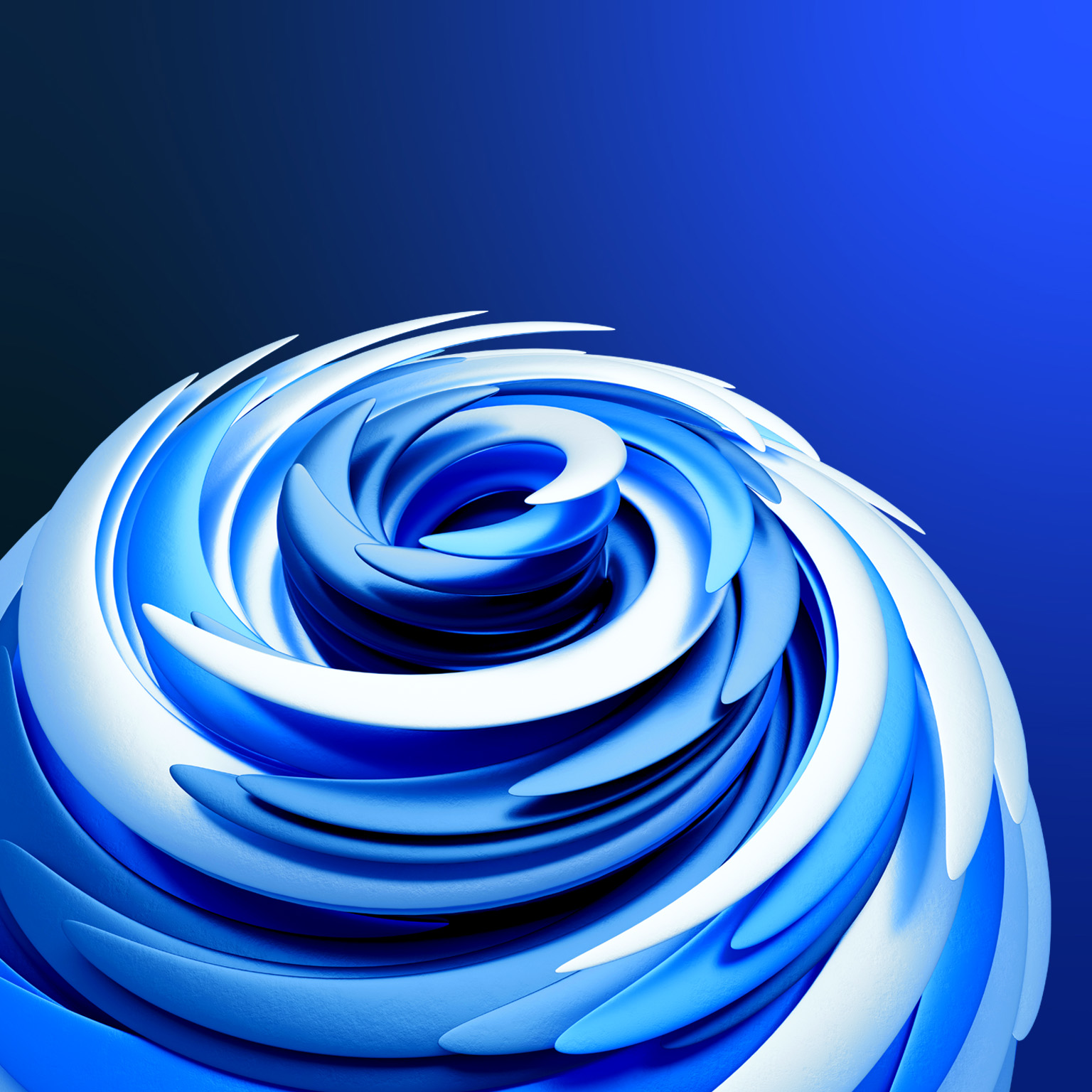 An abstract rendering of a swirling, spiraling form. It's composed of glossy shapes in shades of blue and white, creating an energetic and multi-layered effect.