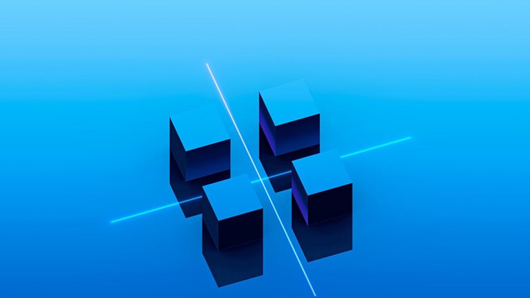 Four blue geometric blocks arranged in a grid-like formation on a smooth blue background. Thin glowing lines intersect between them, suggesting separation, restructuring, or a strategic division of elements.