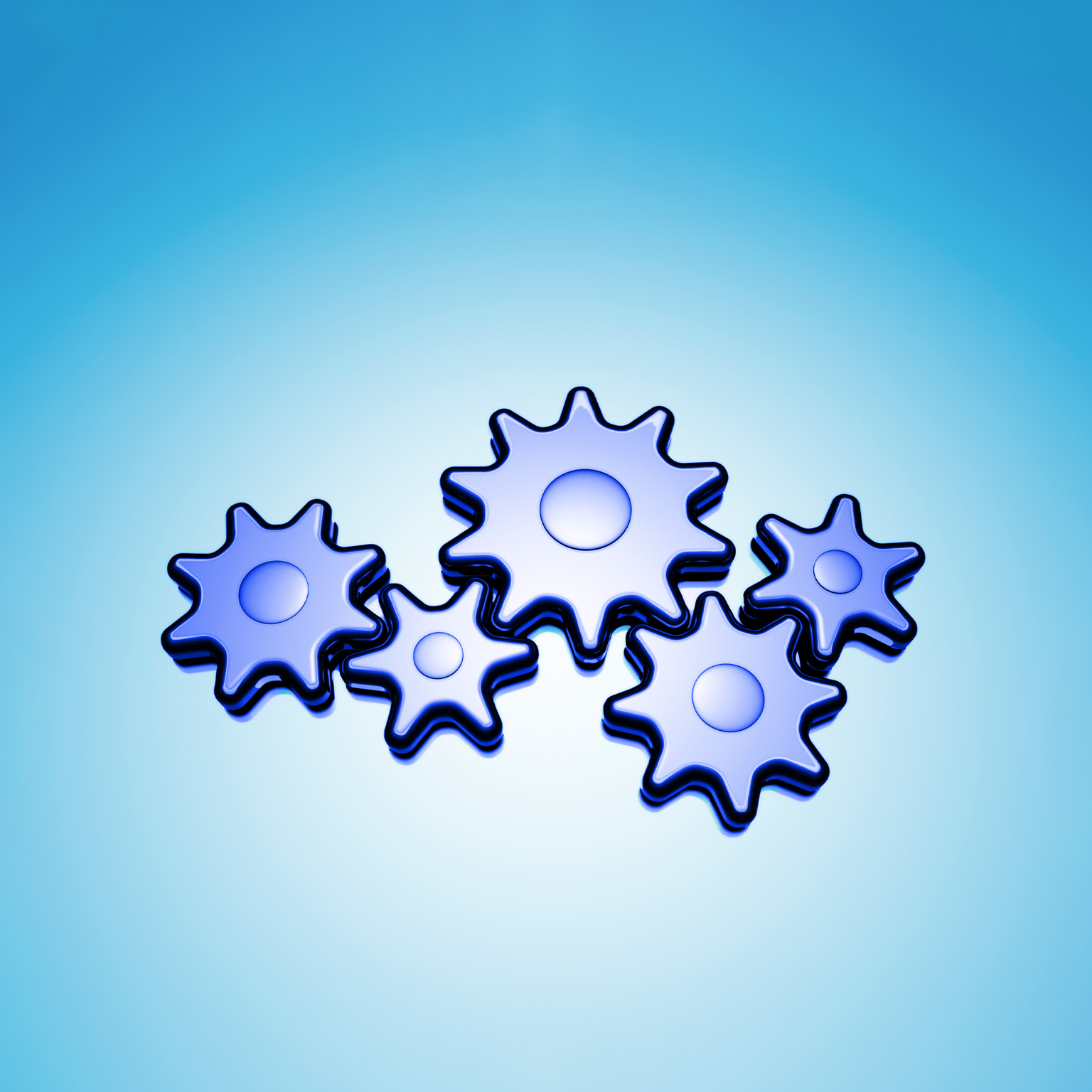 A group of stylized blue gears of different sizes interlocked against a soft blue gradient background. It conveys a sense of coordination, process, and systems working together in a clean, modern, and abstract style.