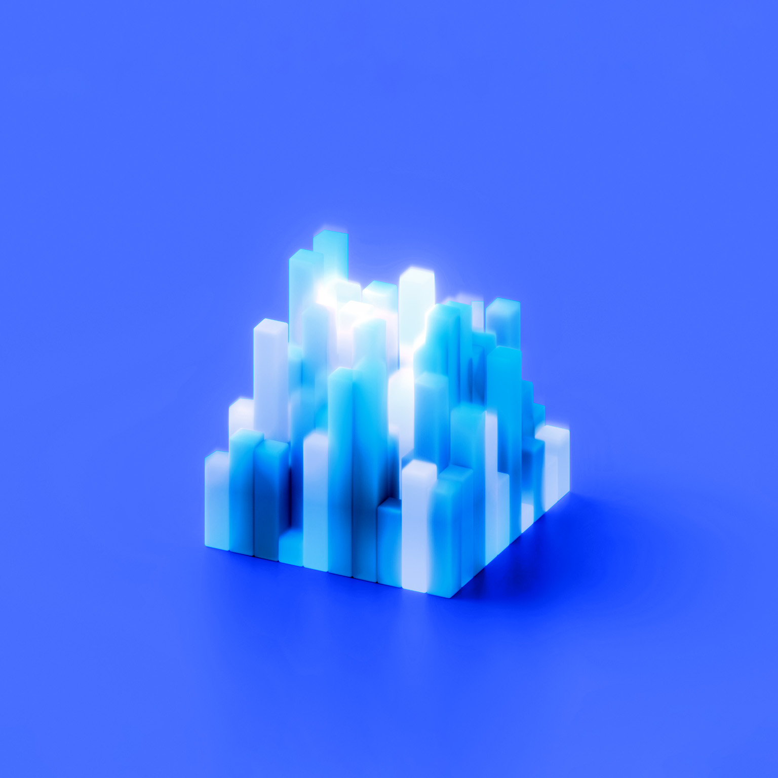 A cluster of glowing, abstract 3D rectangular bars in varying heights, arranged to resemble a data visualization. The scene is set against a smooth blue background, giving the composition a clean, modern, and digitally inspired feel.