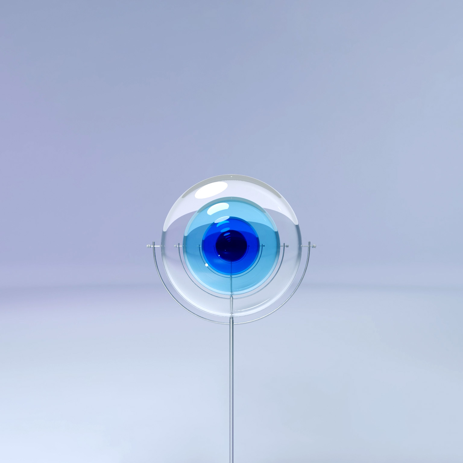 A sculpture made of four glass lenses, supported by delicate metal structures, creates an abstract display. The lenses, with their opaque blue hues and varying sizes, sway to eventually align and resemble an eye and iris.