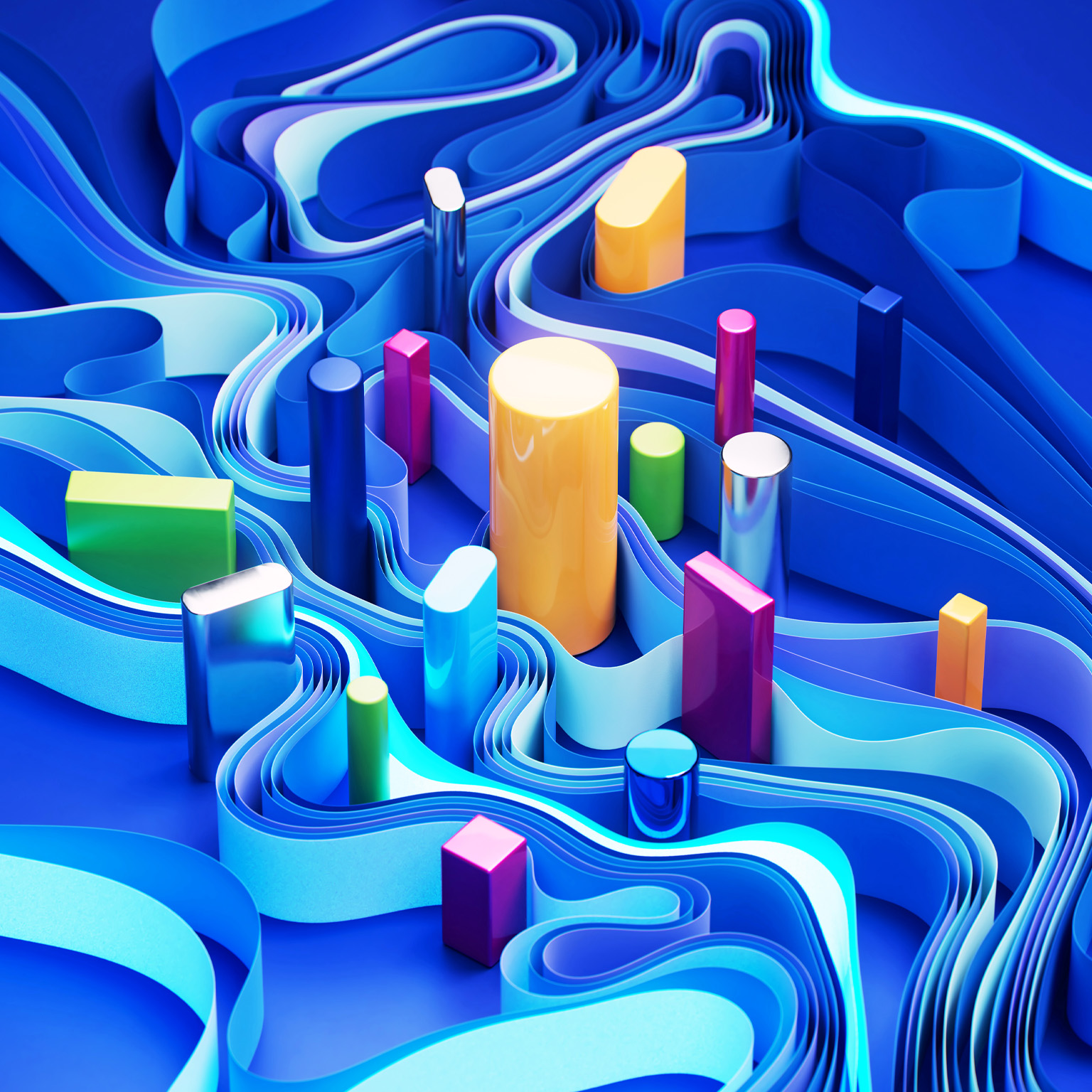 Colorful geometric shapes, primarily cylinders and rectangular prisms in varying heights and shades of vibrant colors. These shapes are nestled within a swirling, layered landscape of undulating blue ribbons, creating a sense of depth and movement. 