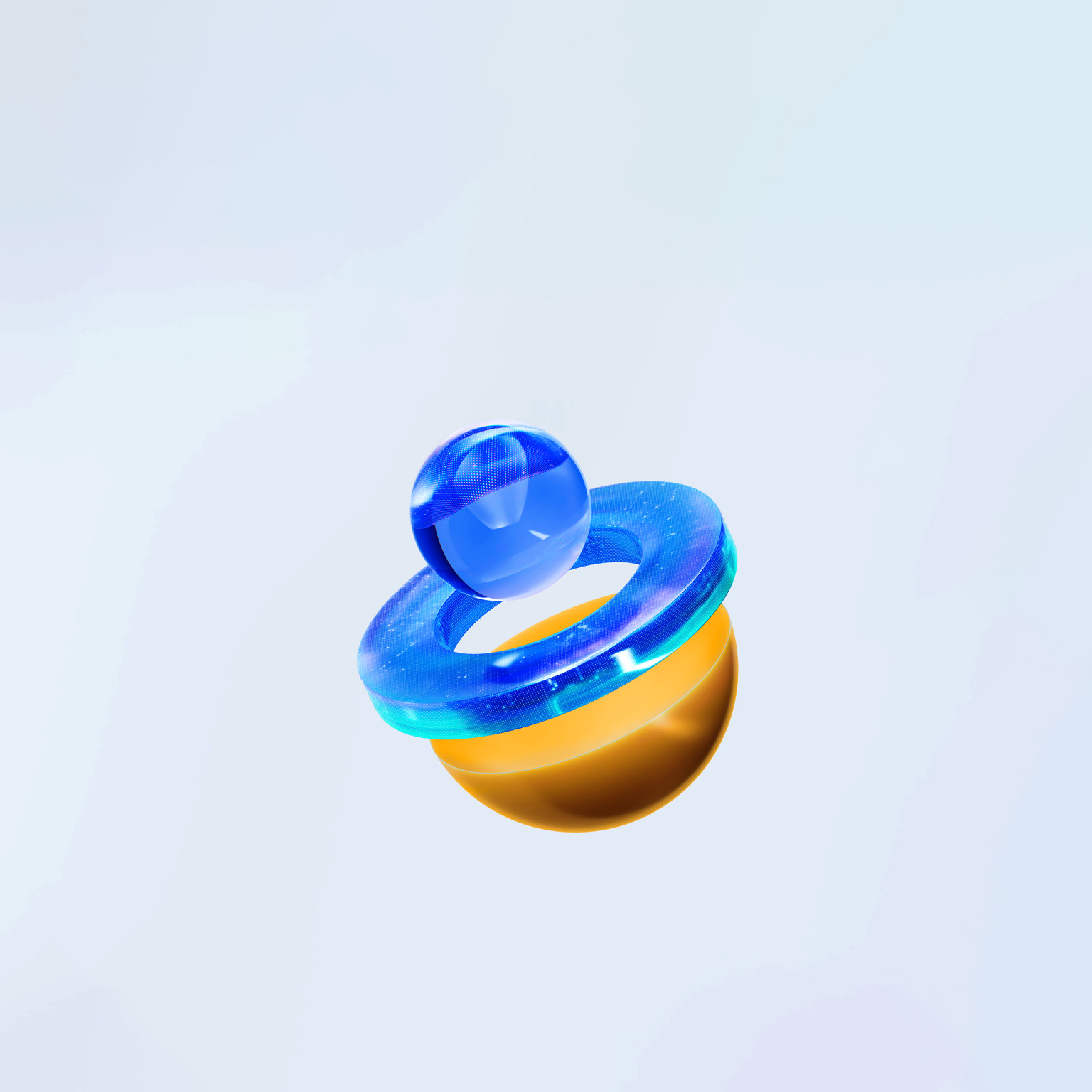 A clear, blue sphere rests above a matching, transparent ring, while an orange half-sphere hovers just below them. It seems as though the shapes have separated and taken on their own distinct forms.