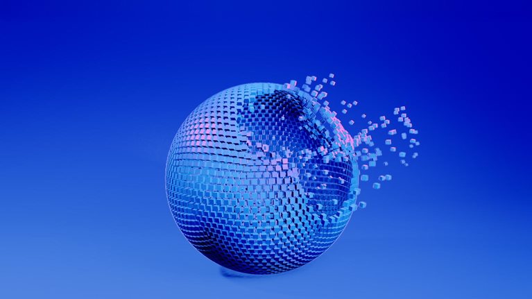 A glossy blue sphere with magenta highlights made of small cube-like particles gradually forms against a smooth blue gradient background.