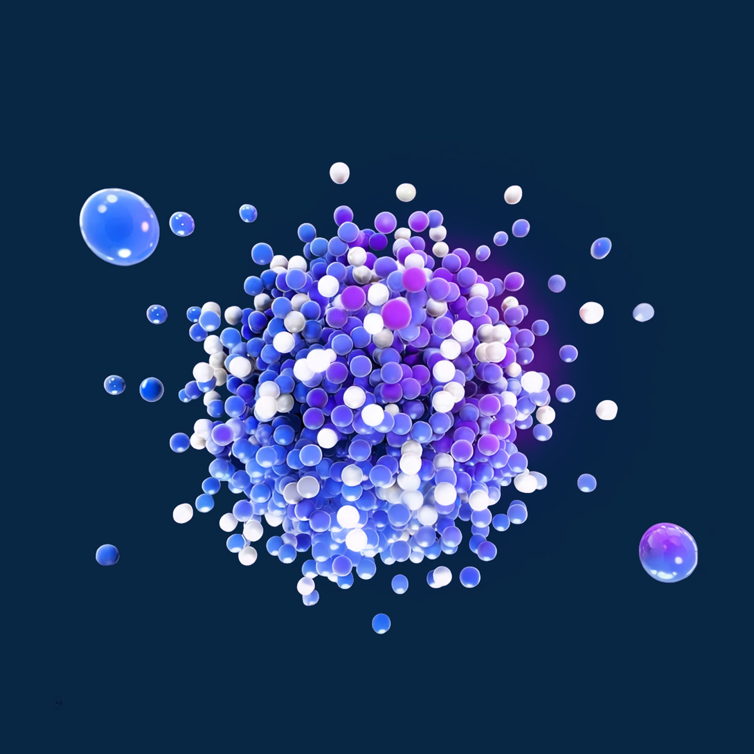 A dense cluster of small, glossy spheres in shades of blue, purple, and white floats against a dark blue background. Several individual spheres drift outward from the central mass, creating a dynamic sense of motion and dispersion.