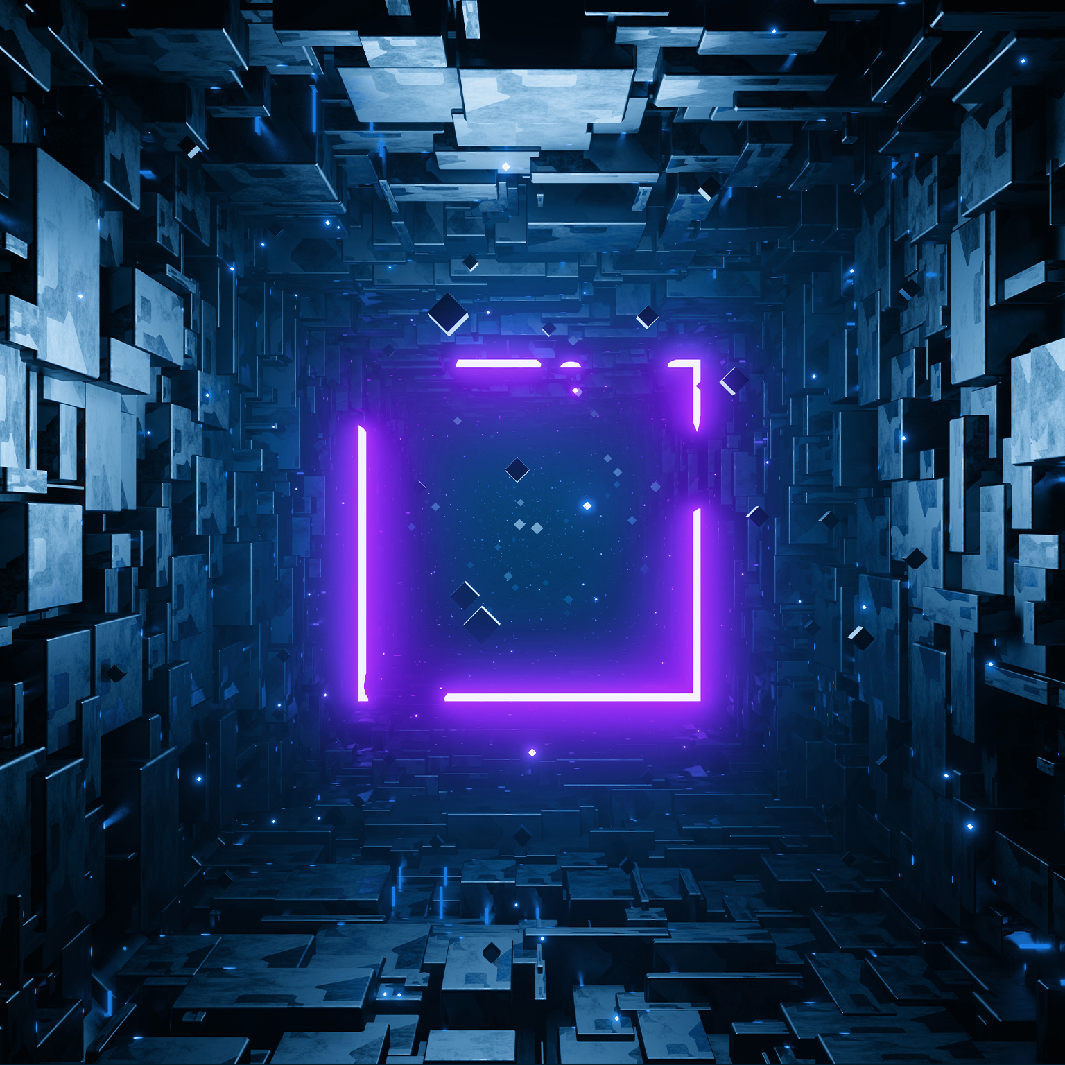Sci-fi rectangular tunnel with neon purple square sign concept background