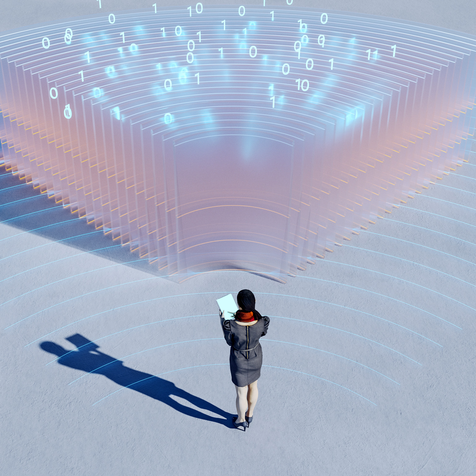 A woman holding a tablet gazes at a large, luminous structure made up of see-through panels and illuminated with blue binary code.
