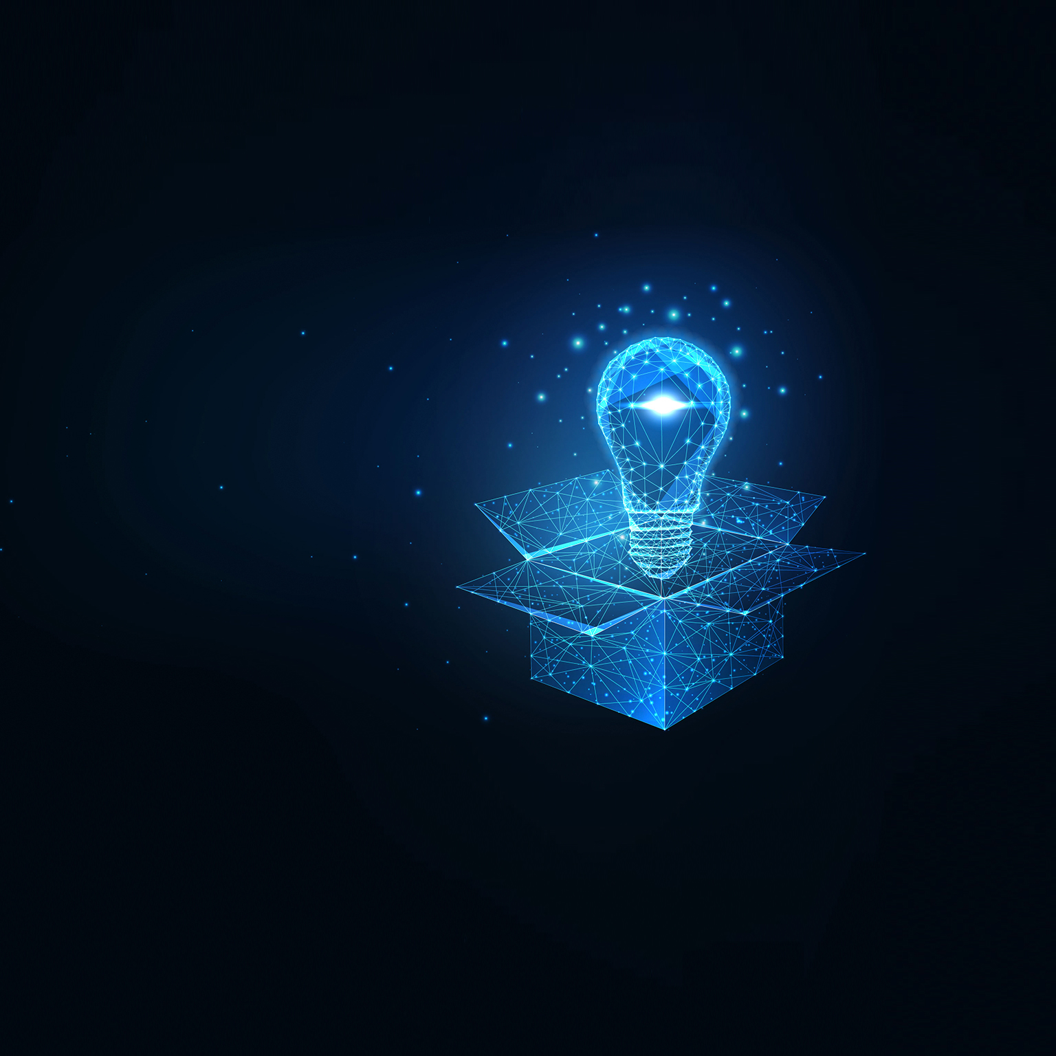 Futuristic thinking outside the box concept with glowing low polygonal light bulb over opened box - stock illustration