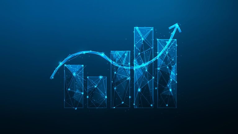 Goal for business investment graph increase digital technology. vector illustration fantastic. arrow up with step to success low poly wireframe. profit and trading growth. economy and finance. - stock illustration