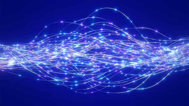 Luminous lines woven with glowing nodes evoking a sense of advanced technology, depicting the continuous transmission of data or energy within complex networks.