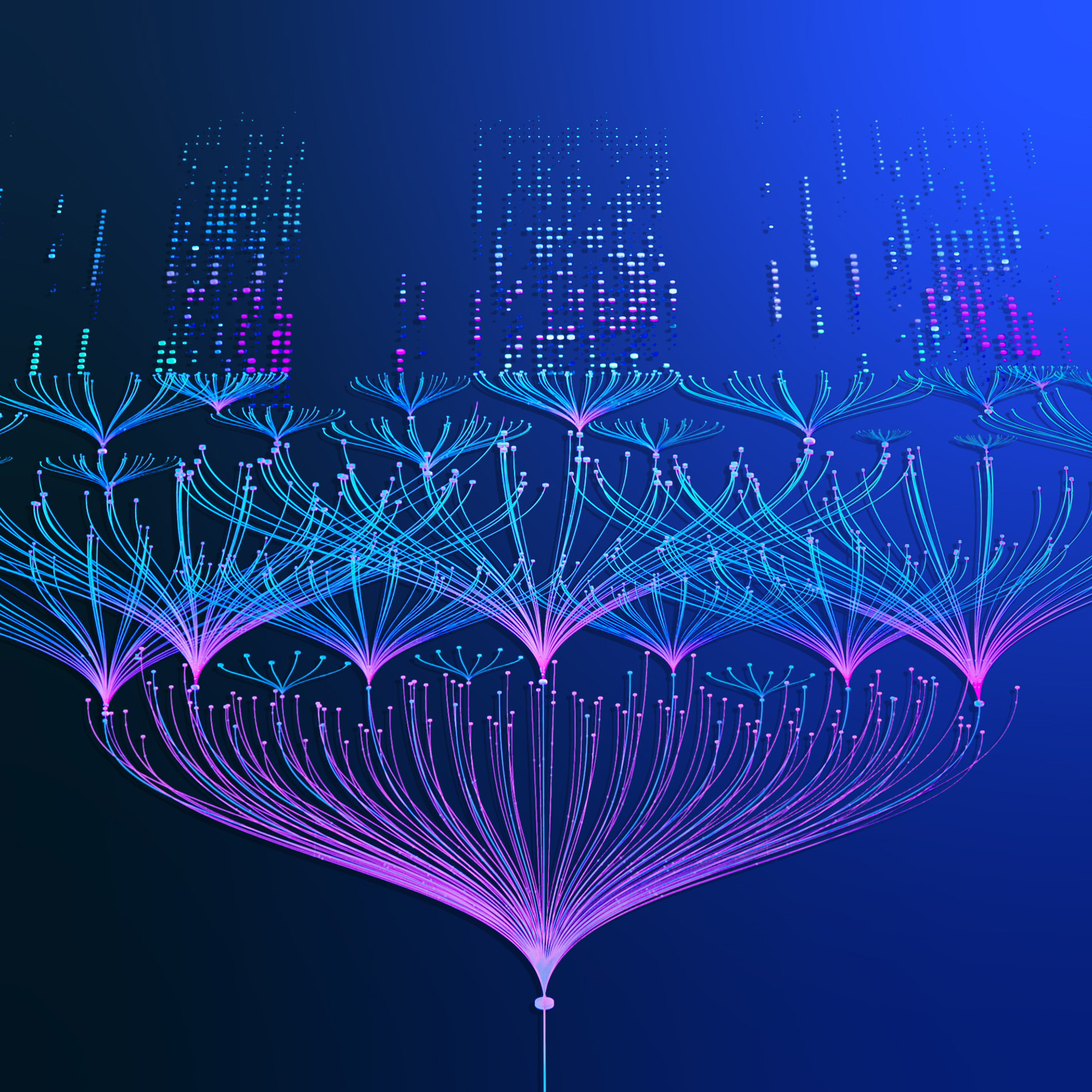 A single line moves across the screen and forms a small node, the branches out to form more lines and nodes which stretch across the screen. The visual is rendered in bright blues and purples and set against a dark gridded background. 