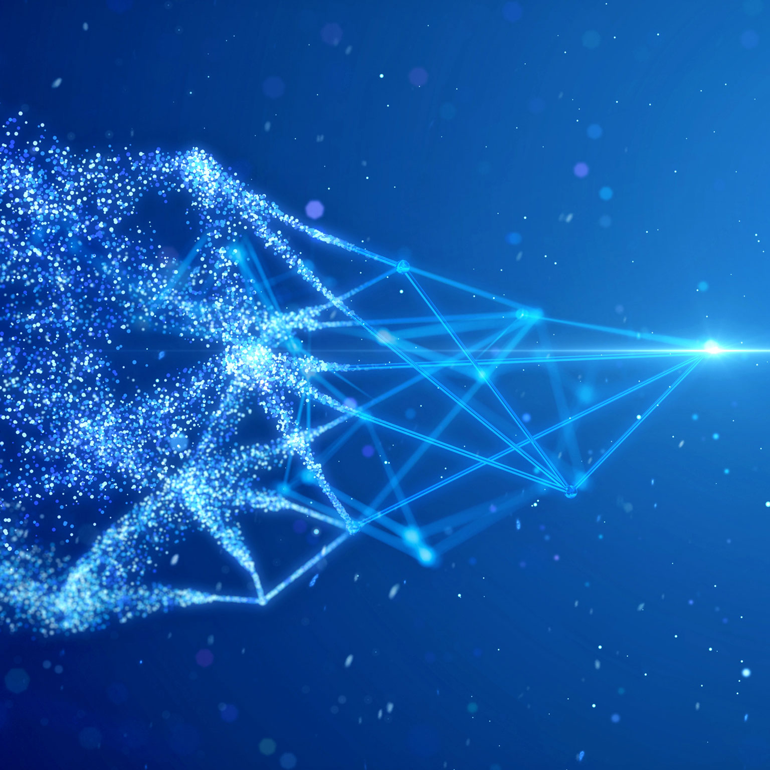A network of light points culminating in a bright light at one end and on the other end, the other half of the network is expanding by breaking into smaller sparks of light