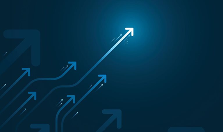 Light arrow circuit on blue background. - stock illustration