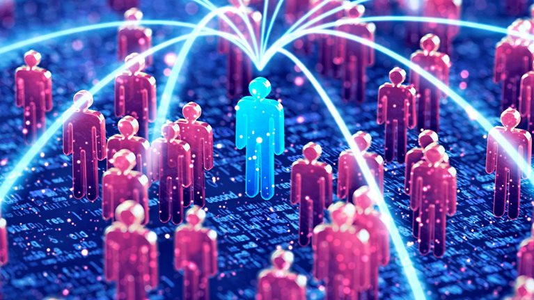 A 3D illustration focused on a central blue figure in the midst of many red figures with glowing lines connecting to the blue figure.