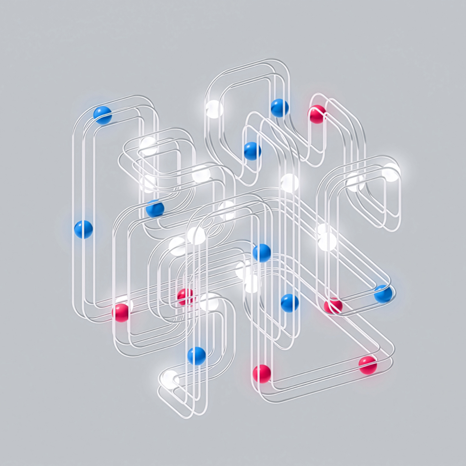 Abstract 3D image of a wire looping tracks with blue, pink, and glowing white spheres placed throughout.