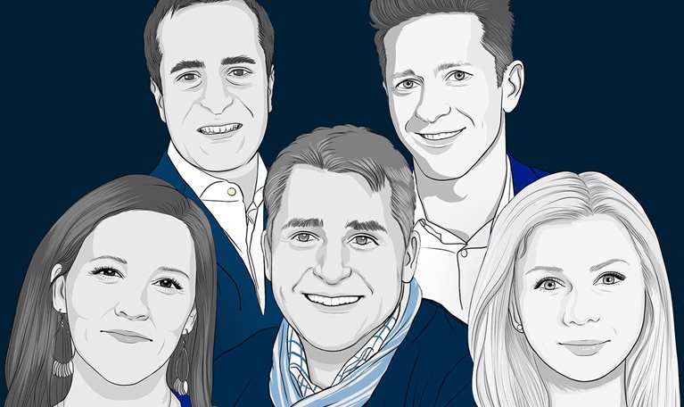 Illustration of Lex Bradshaw-Zanger, Jessica Myers, Yilmaz Erceyes, Fiona Spooner, and Christian Thrane