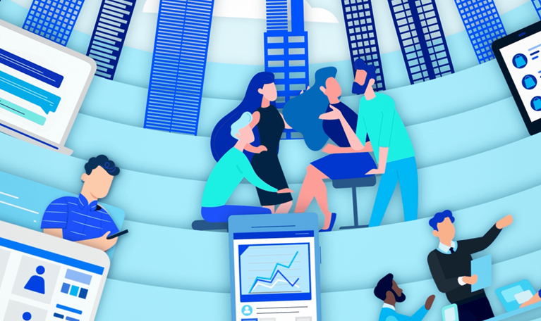 cityscape, person on tablet, people talking, work presentation - illustration
