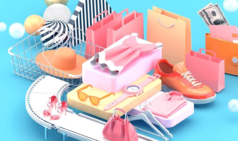 Consumer items such as shore, clothes, bags, items on conveyor belt, ready for e-commerce.