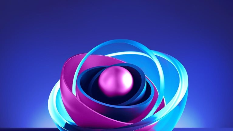 A colorful and dynamic 3D illustration featuring interconnected and swirling shapes in shades of blue and magenta. At the center of this intricate structure, a smaller magenta sphere is nestled, surrounded by half spheres in a light blue hue.