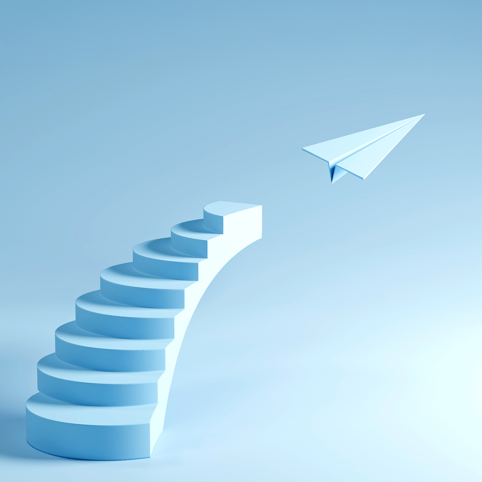 A minimalist staircase rising into the sky with a paper plane taking flight