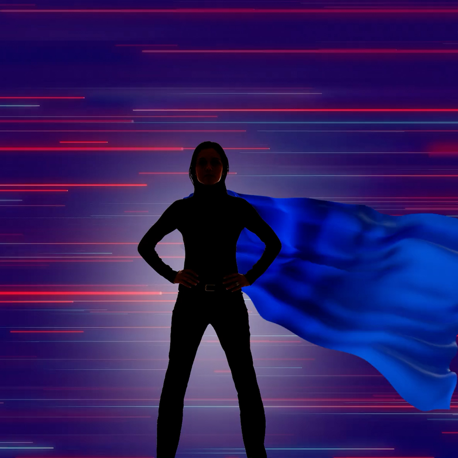 Silhouette of person wearing blue cape with glowing bars of light behind them