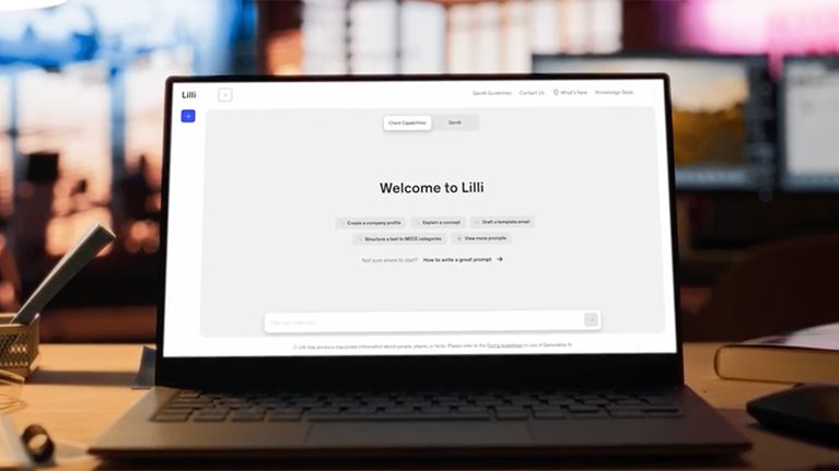 A laptop screen displaying McKinsey's Lilli generative AI platform landing page