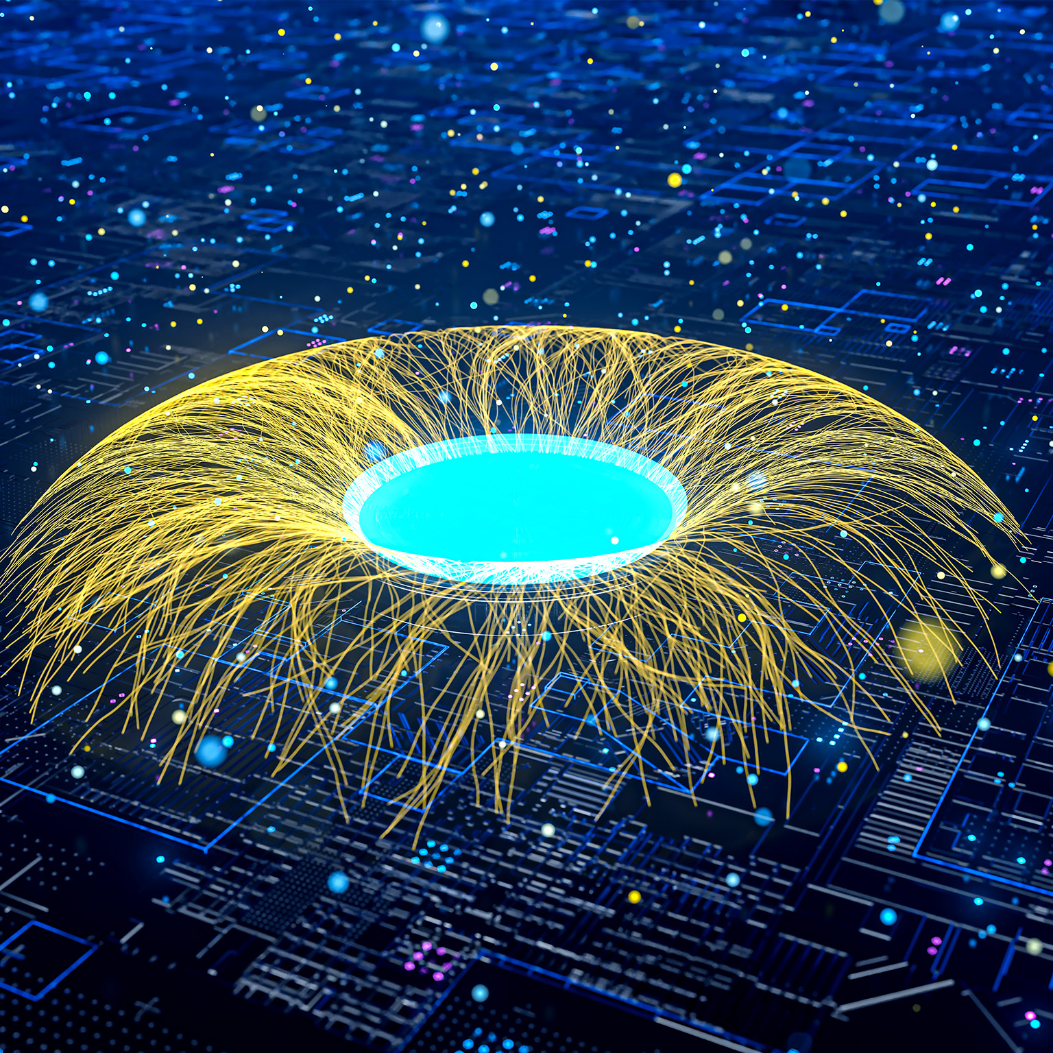 Abstract image of AI blossoming with light rays over a digital circuit board landscape.