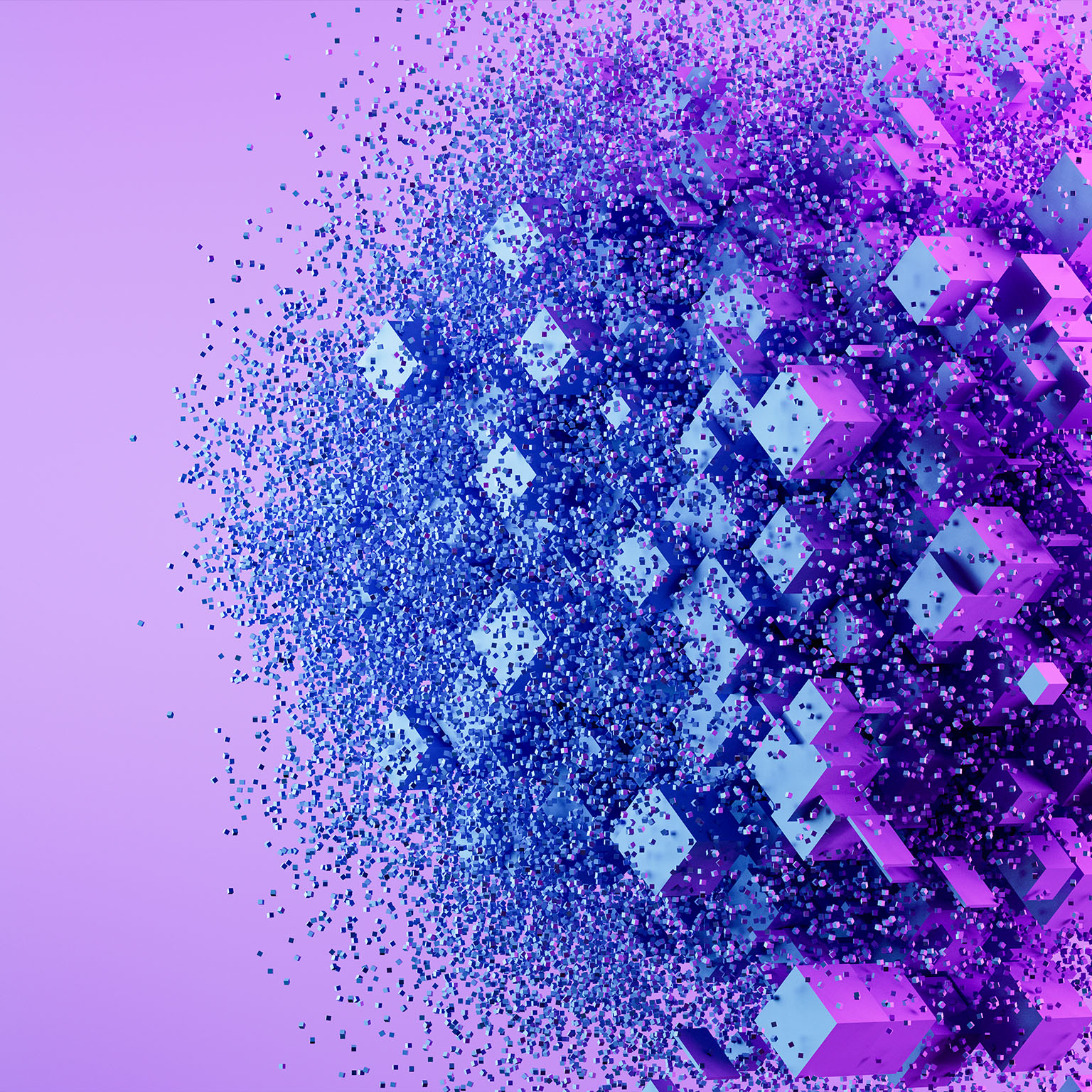 Abstract connected cube exploding with particles, artificial intelligence technology background - stock photo