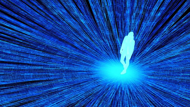 A glowing blue figure stands in the upper right corner of the image. As the figure takes a step forward, light and data radiate outward.