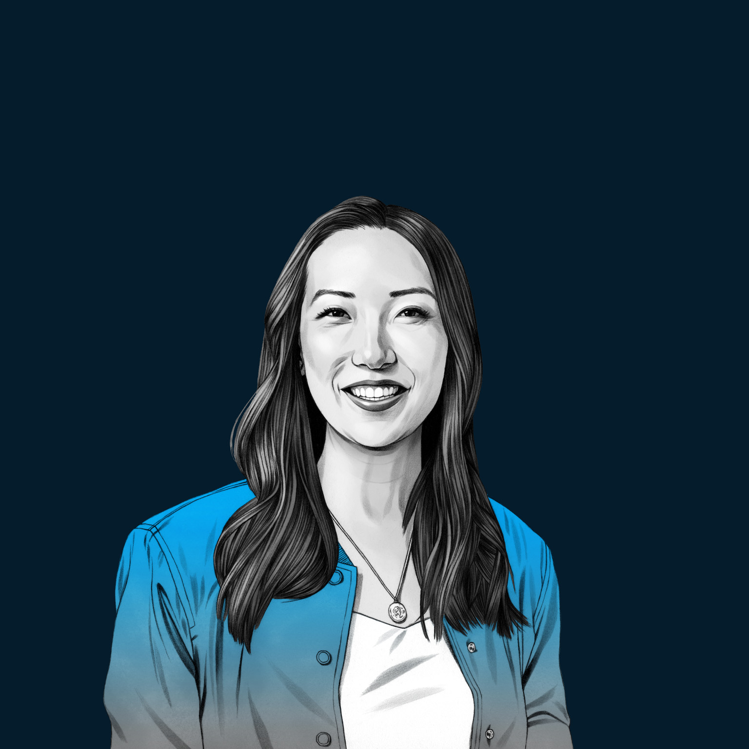 A hand-drawn illustration of Clara Shih, smiling and wearing a cardigan. The drawing features precise lines and subtle shading, using black and white tones for her face and blues for her attire.