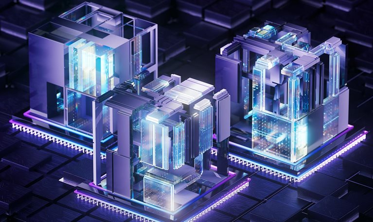 Quantum computing servers processing big data with artificial intelligence, generating futuristic and technological digital information with innovative design