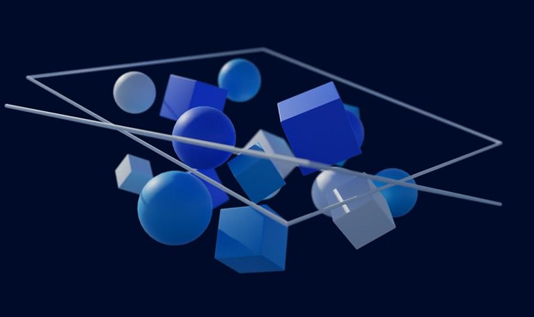 3D objects coming together inside two shifting squares.