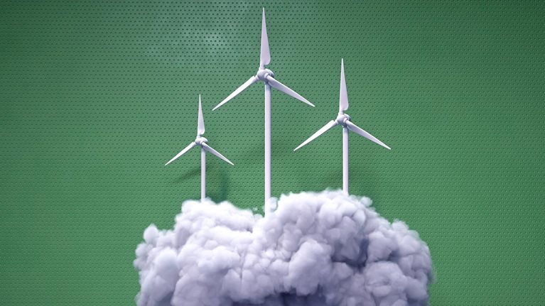 Digital generated image of multiple wind turbines on puffy cloud against green background. - stock photo