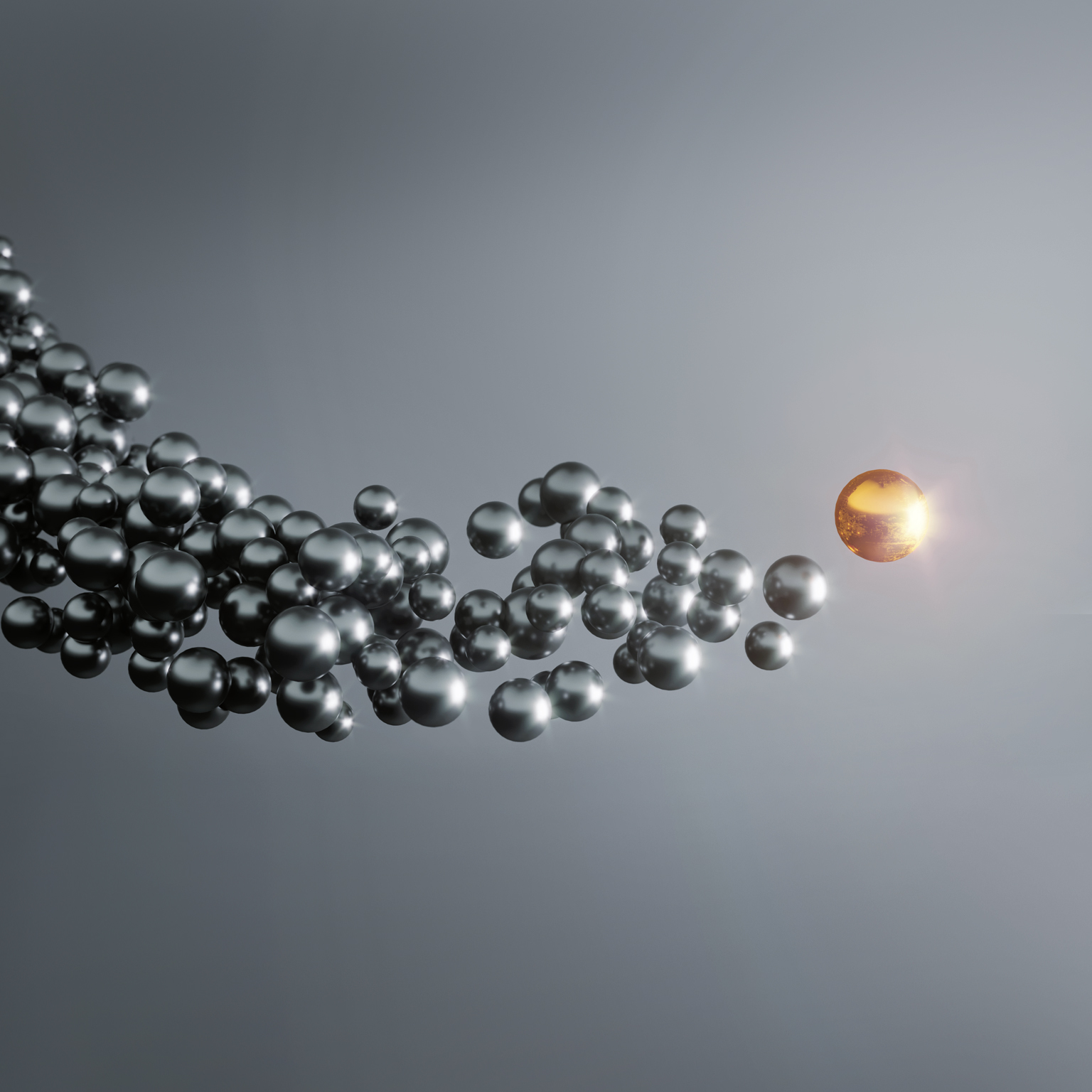 Abstract flying golden sphere and the others following it