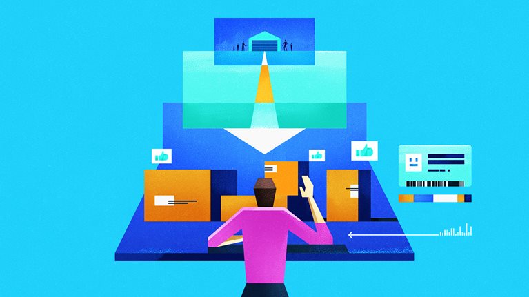 Illustration showing the flow of packages and data between a warehouse and customers, highlighting the logistics of online shopping.
