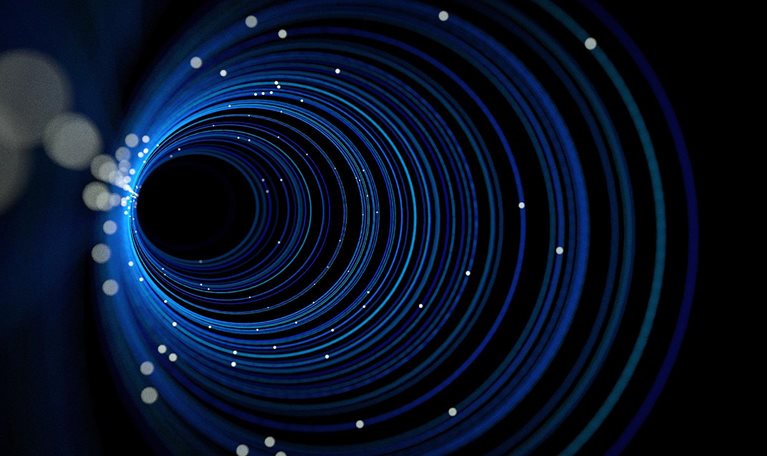 Computer neural network concept. Concentric circles, with lights twinkling in the background, stretching to infinity.